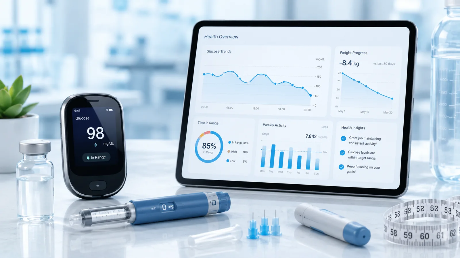 Smart scale, stethoscope, apple and body composition analytics representing diabetes-focused weight management