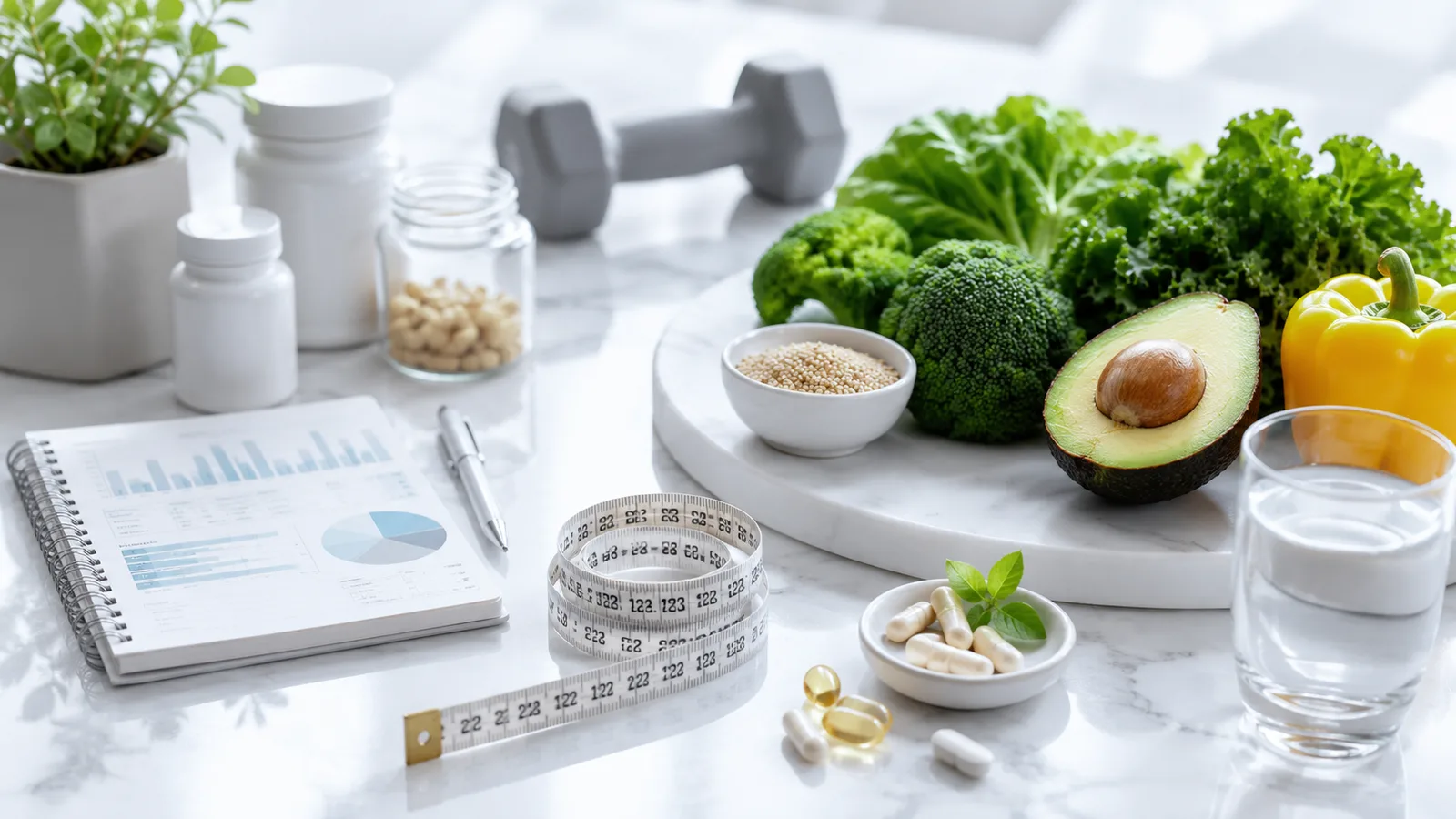 Apple, stethoscope and metabolic monitoring tools representing physician-guided nutrition counseling